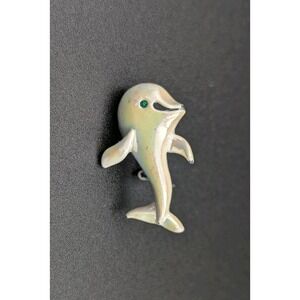 Beluga Whale Dolphin Brooch Pin Iridescent White With Blue Rhinestone Eye‎ 1.25"